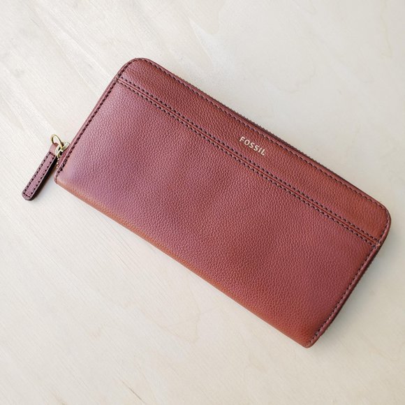 Fossil Handbags - Fossil Cognac Brown Real Leather Zip Wallet